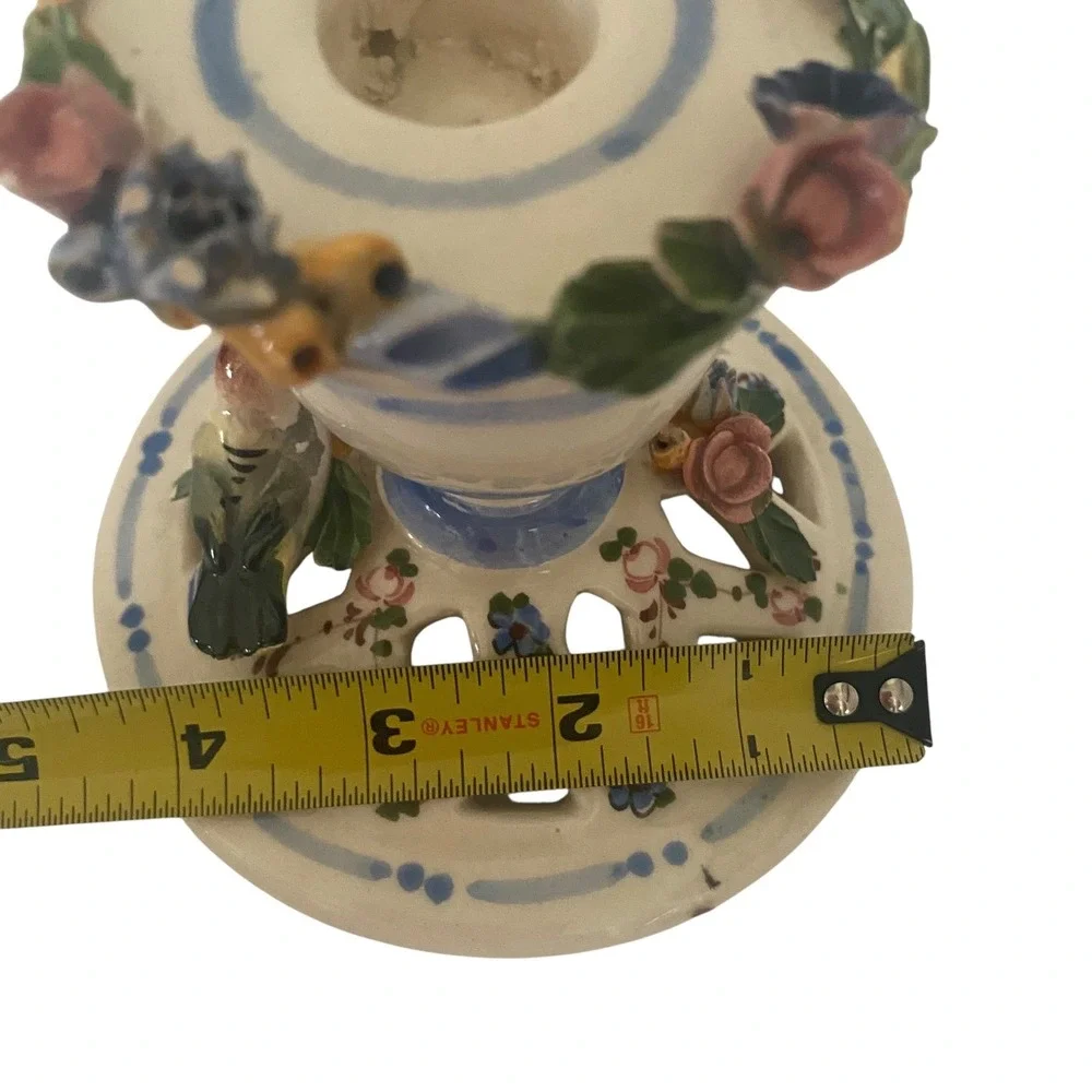 Naples Italy‎ Ceramic Candlestick Holder Applied Flowers Bird Reticulated Base